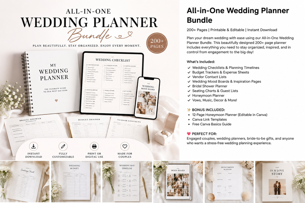 All-in-One Wedding Planner Bundle | 200+ Pages | Editable Canva Templates | Printable Wedding Organizer | Instant Download