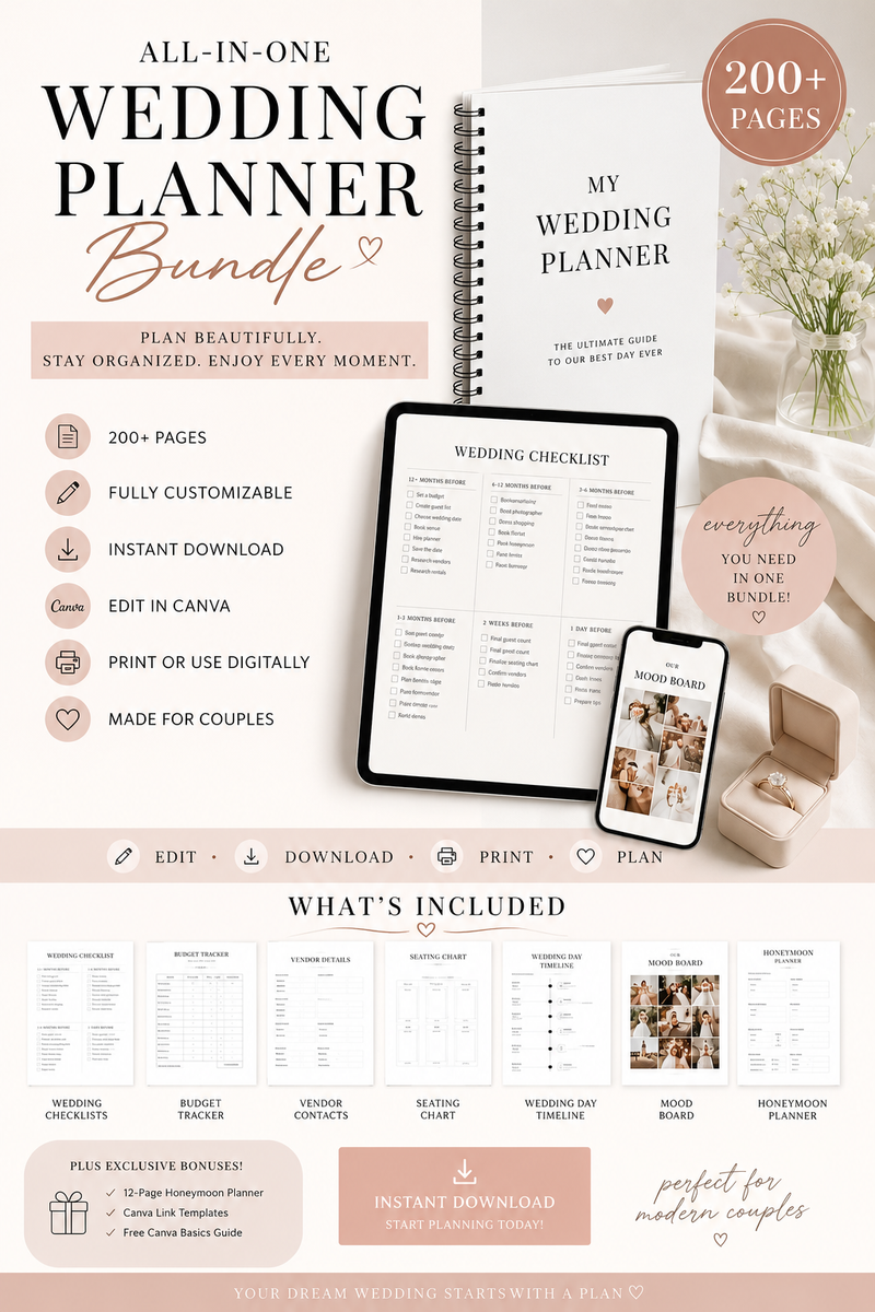 All-in-One Wedding Planner Bundle | 200+ Pages | Editable Canva Templates | Printable Wedding Organizer | Instant Download