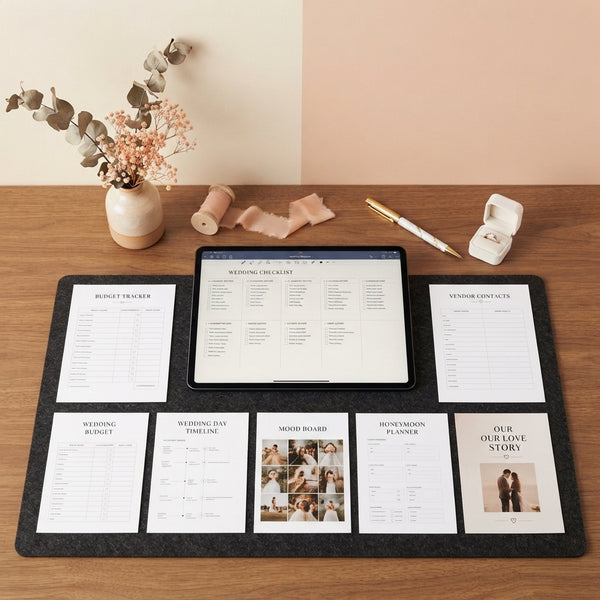 A neatly arranged desk with a digital tablet displaying wedding planning templates, surrounded by peach and cream decor.